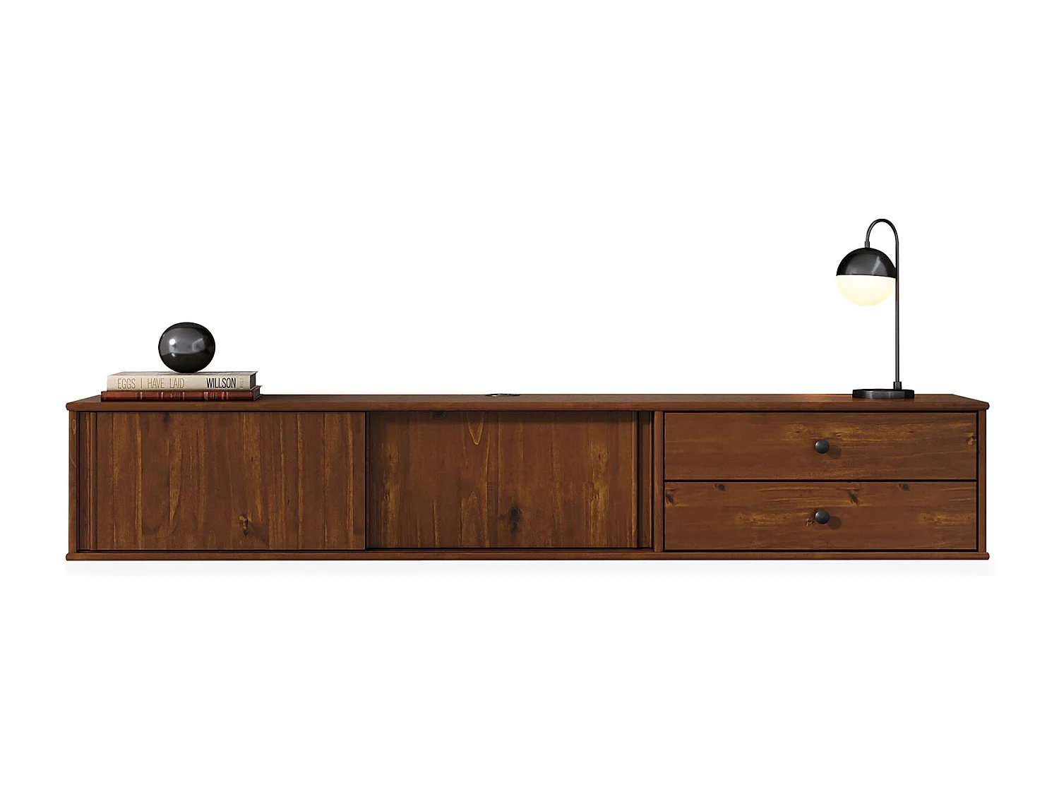 Meuble TV Suspendu SIMONA, 2 Portes 2 Tiroirs, 175 cm, Couleur Châtaignier, En Pin Massif, Style Naturel et Chaleureux