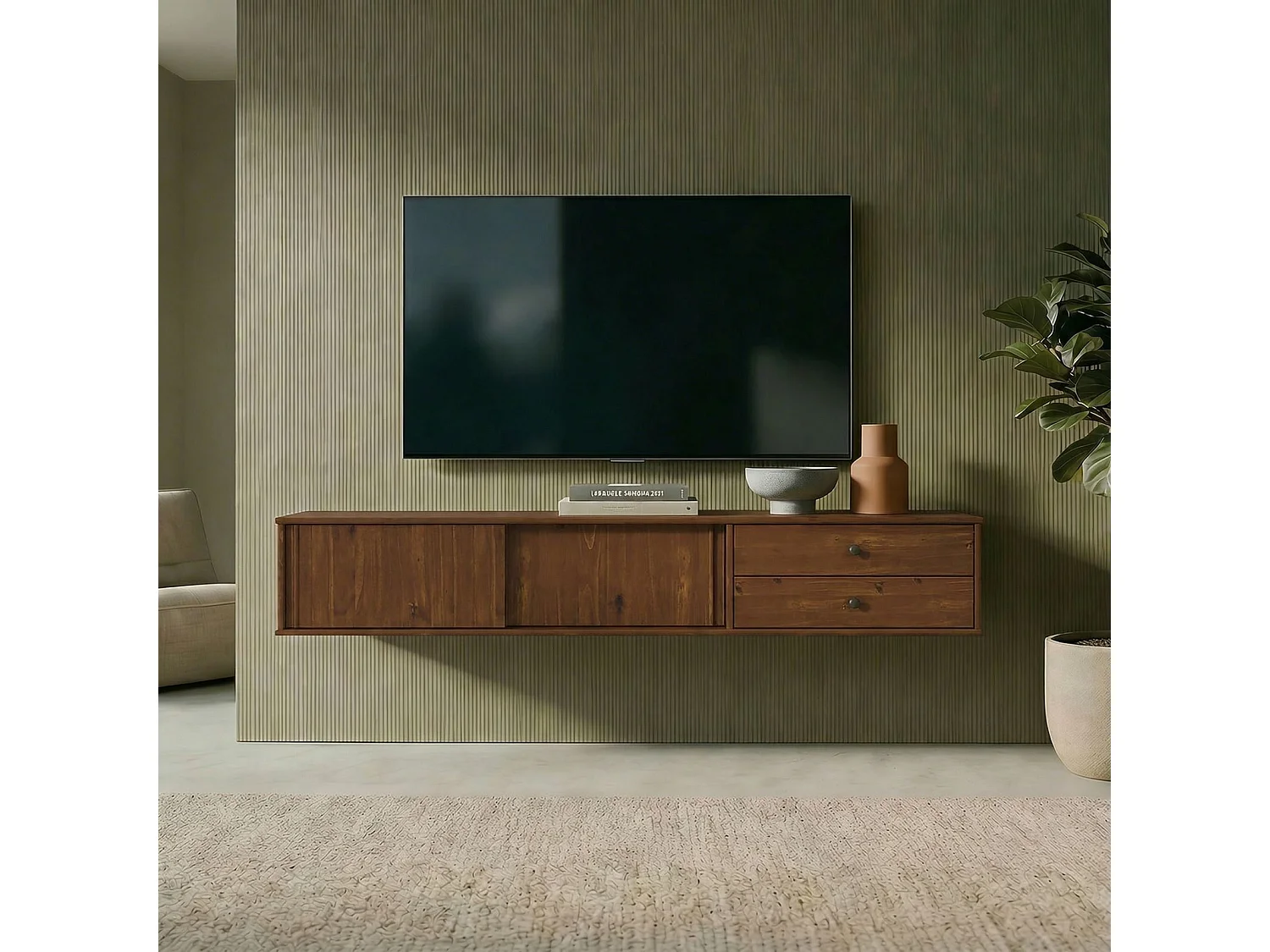 Meuble TV Suspendu SIMONA, 2 Portes 2 Tiroirs, 175 cm, Couleur Châtaignier, En Pin Massif, Style Naturel et Chaleureux