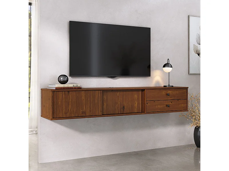 Meuble TV Suspendu SIMONA, 2 Portes 2 Tiroirs, 175 cm, Couleur Châtaignier, En Pin Massif, Style Naturel et Chaleureux