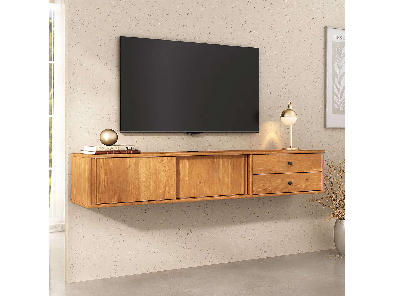 Meuble TV Suspendu SIMONA, 2 Portes 2 Tiroirs, 175 cm, Couleur Chêne, En Pin Massif, Style Naturel et Chaleureux