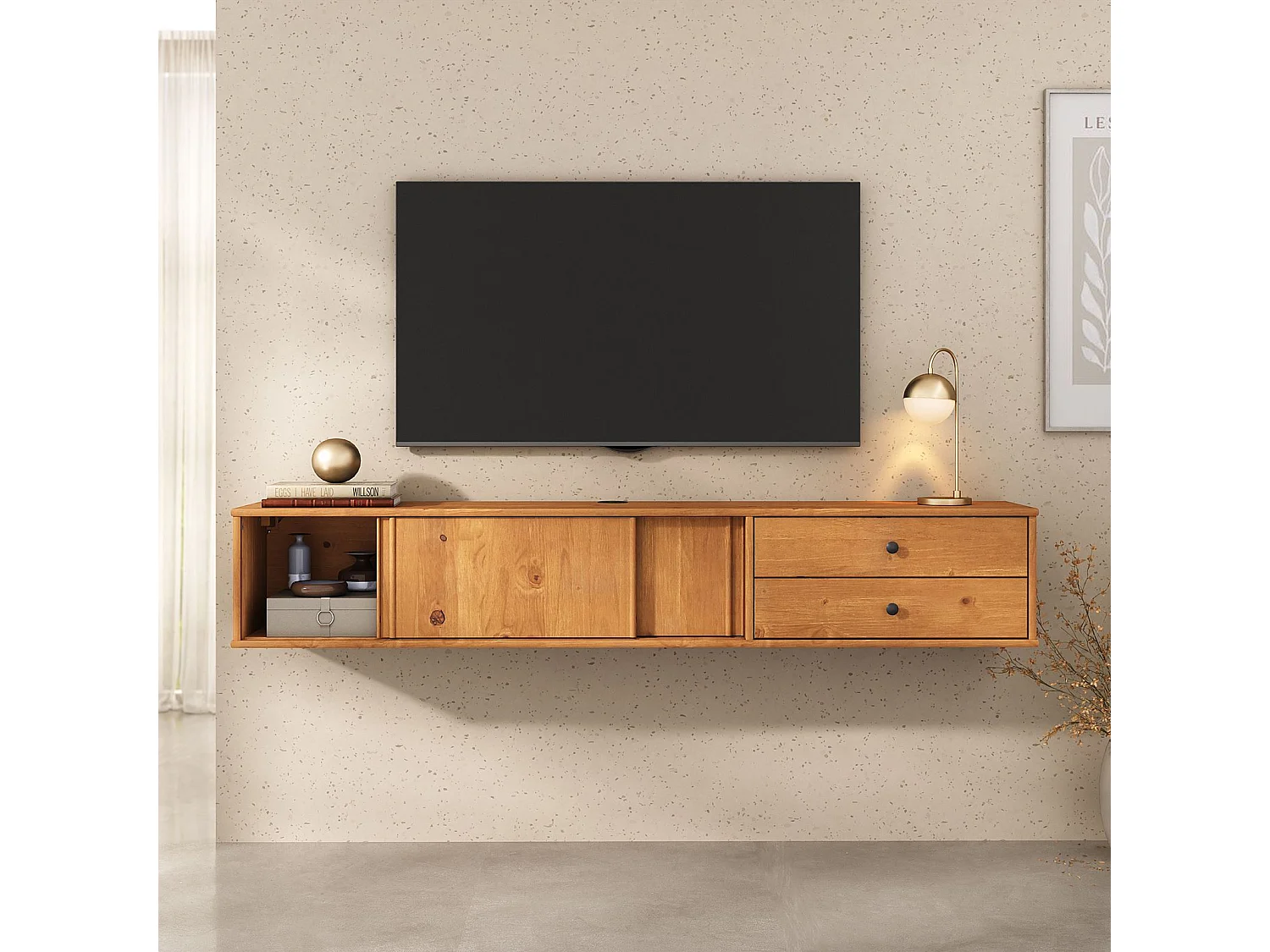 Meuble TV Suspendu SIMONA, 2 Portes 2 Tiroirs, 175 cm, Couleur Chêne, En Pin Massif, Style Naturel et Chaleureux