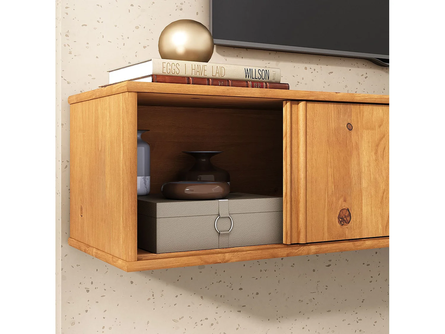 Meuble TV Suspendu SIMONA, 2 Portes 2 Tiroirs, 175 cm, Couleur Chêne, En Pin Massif, Style Naturel et Chaleureux