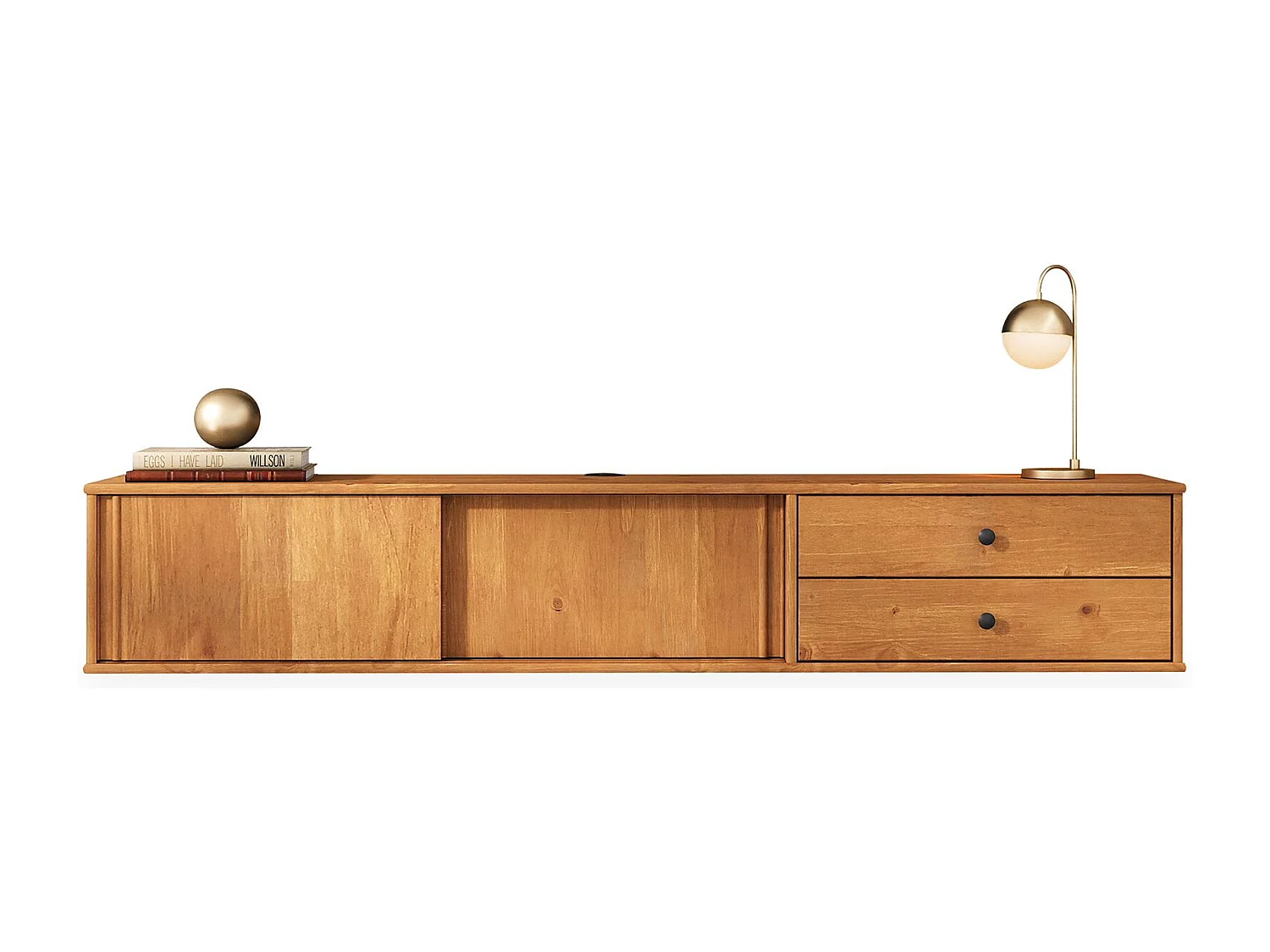 Meuble TV Suspendu SIMONA, 2 Portes 2 Tiroirs, 175 cm, Couleur Chêne, En Pin Massif, Style Naturel et Chaleureux