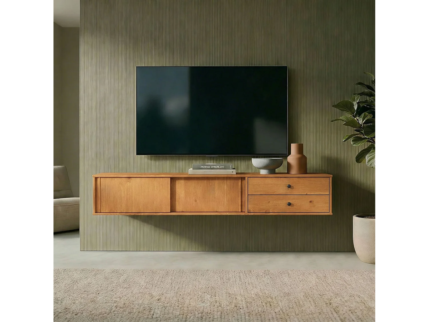 Meuble TV Suspendu SIMONA, 2 Portes 2 Tiroirs, 175 cm, Couleur Chêne, En Pin Massif, Style Naturel et Chaleureux