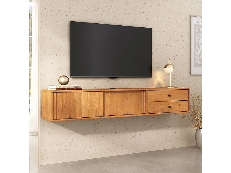 Meuble TV Suspendu SIMONA, 2 Portes 2 Tiroirs, 175 cm, Couleur Chêne, En Pin Massif, Style Naturel et Chaleureux