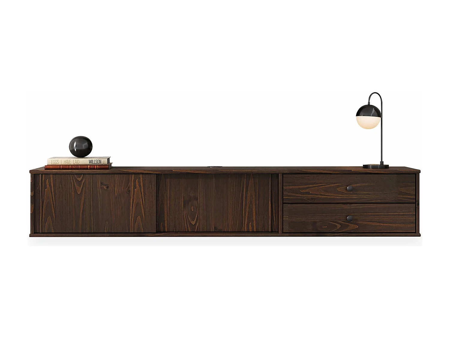 Meuble TV Suspendu SIMONA, 2 Portes 2 Tiroirs, 175 cm, Couleur Noyer, En Pin Massif, Style Naturel et Chaleureux