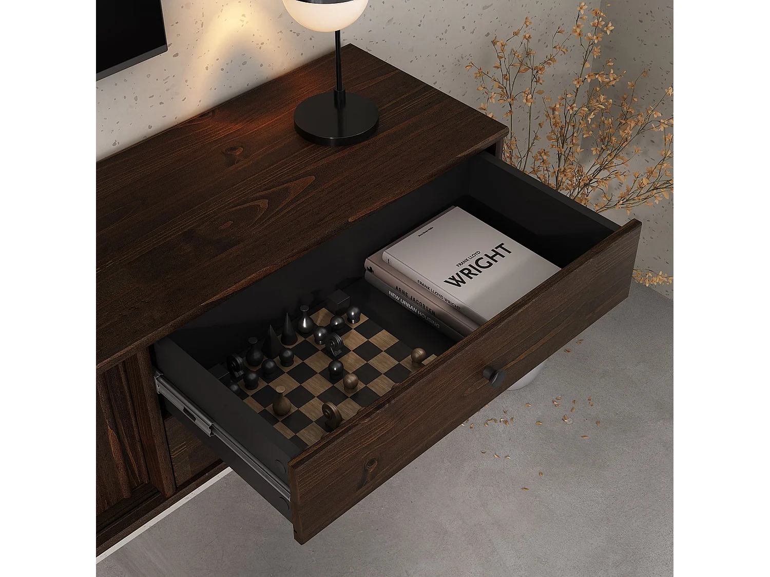 Meuble TV Suspendu SIMONA, 2 Portes 2 Tiroirs, 175 cm, Couleur Noyer, En Pin Massif, Style Naturel et Chaleureux