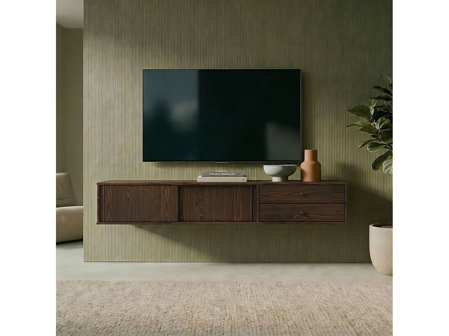 Meuble TV Suspendu SIMONA, 2 Portes 2 Tiroirs, 175 cm, Couleur Noyer, En Pin Massif, Style Naturel et Chaleureux