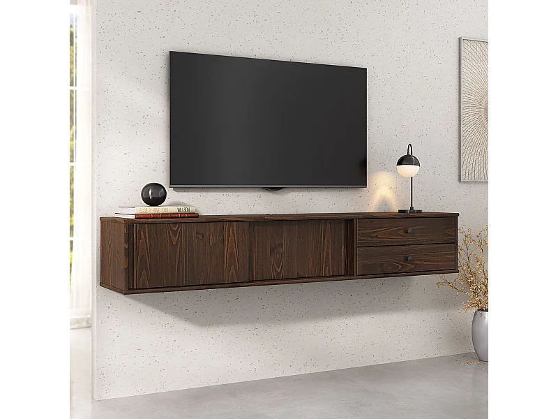 Meuble TV Suspendu SIMONA, 2 Portes 2 Tiroirs, 175 cm, Couleur Noyer, En Pin Massif, Style Naturel et Chaleureux