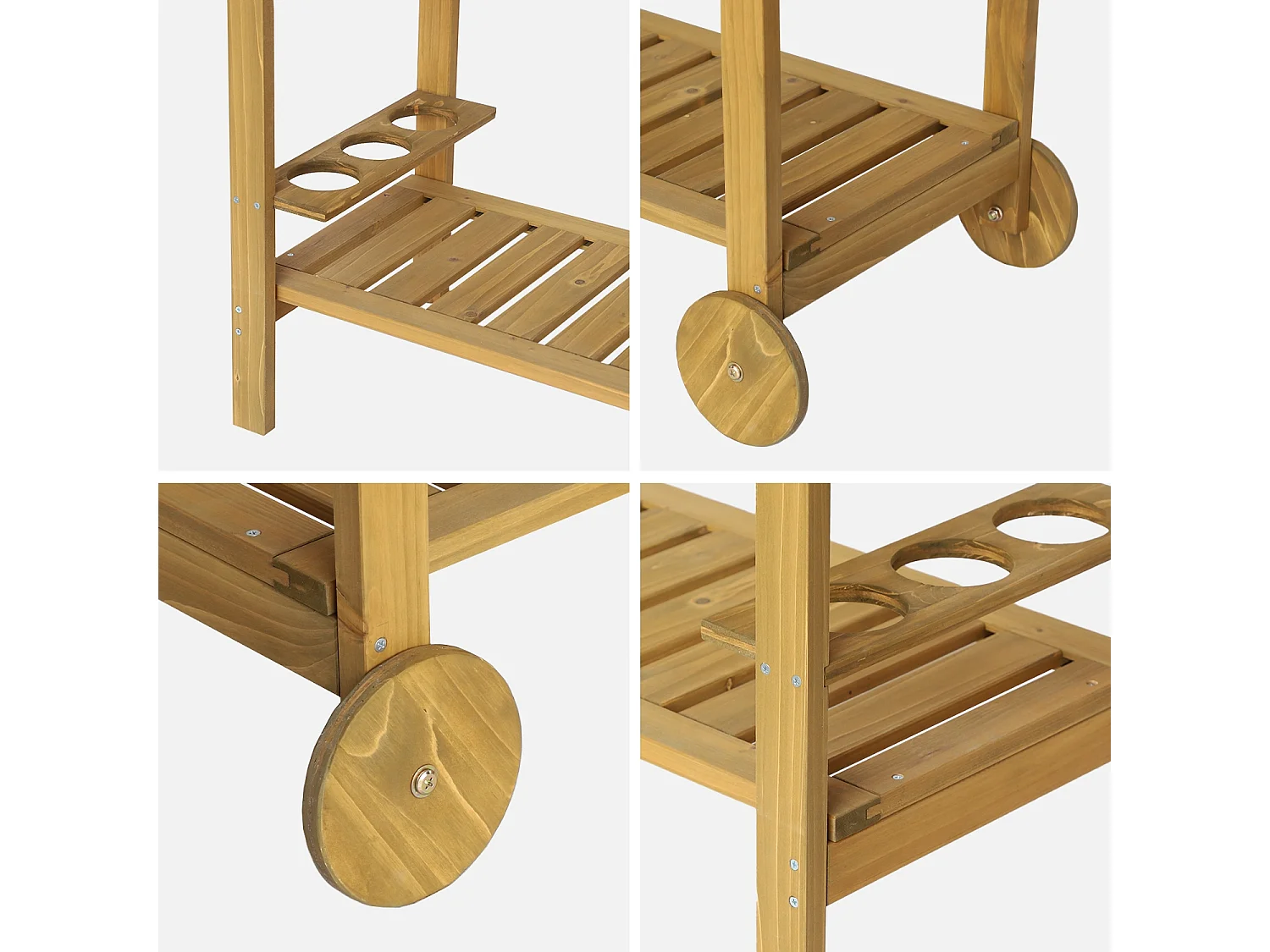 Desserte extérieure 95 cm en bois avec roues et poignée. Bois naturel. L 95 x l 47 x h 74cm