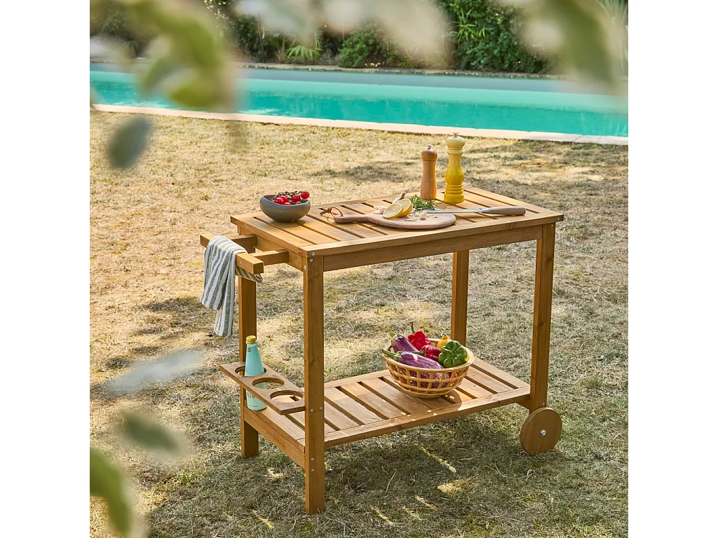 Desserte extérieure 95 cm en bois avec roues et poignée. Bois naturel. L 95 x l 47 x h 74cm