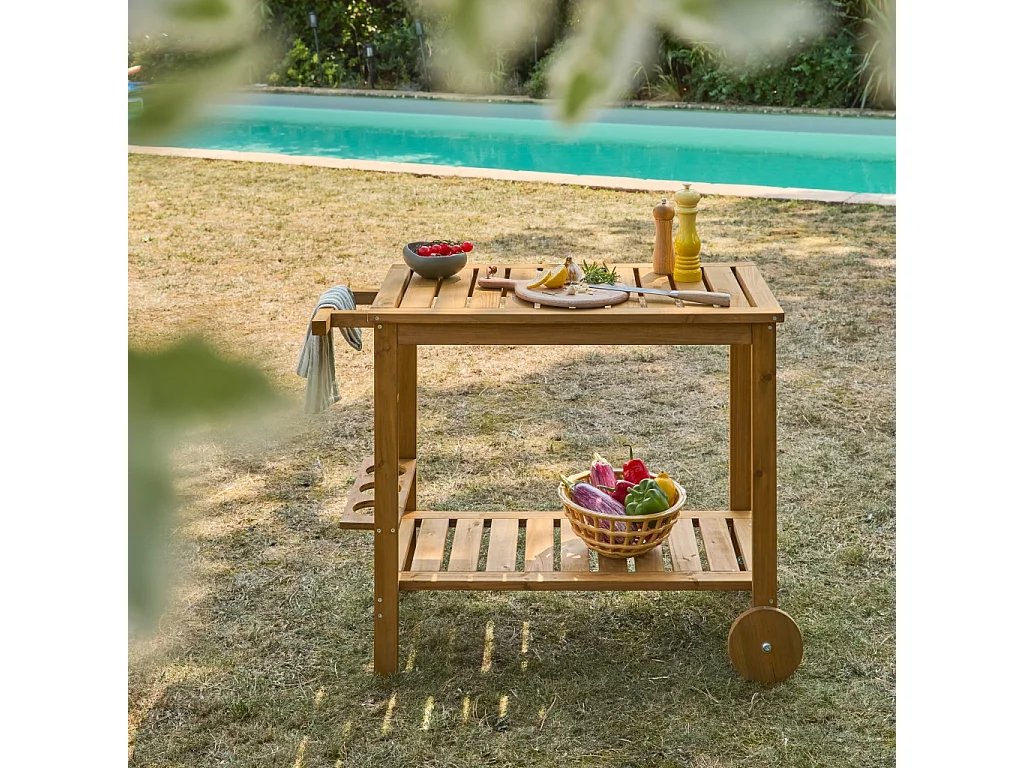 Desserte extérieure 95 cm en bois avec roues et poignée. Bois naturel. L 95 x l 47 x h 74cm