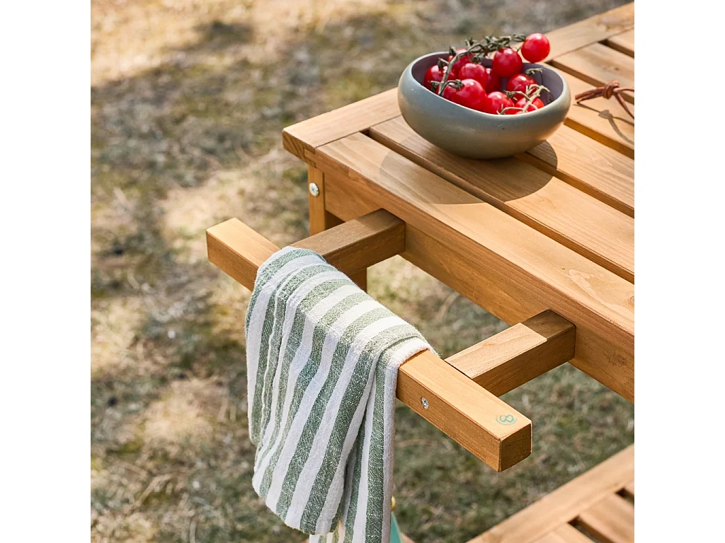 Desserte extérieure 95 cm en bois avec roues et poignée. Bois naturel. L 95 x l 47 x h 74cm