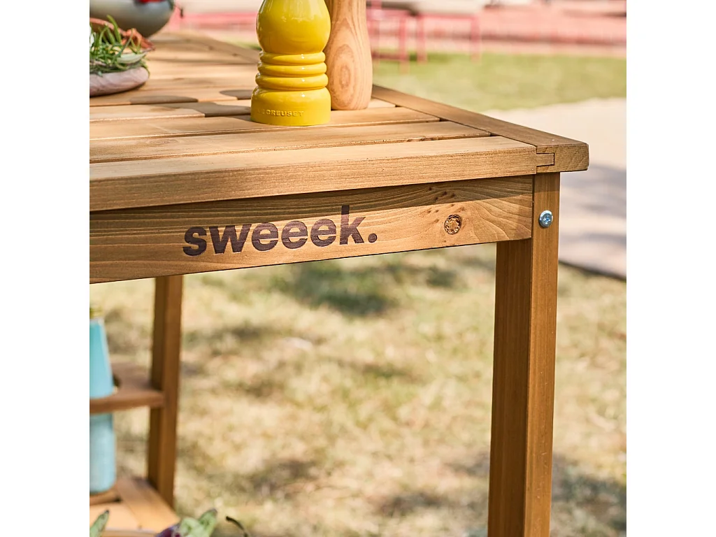 Desserte extérieure 95 cm en bois avec roues et poignée. Bois naturel. L 95 x l 47 x h 74cm