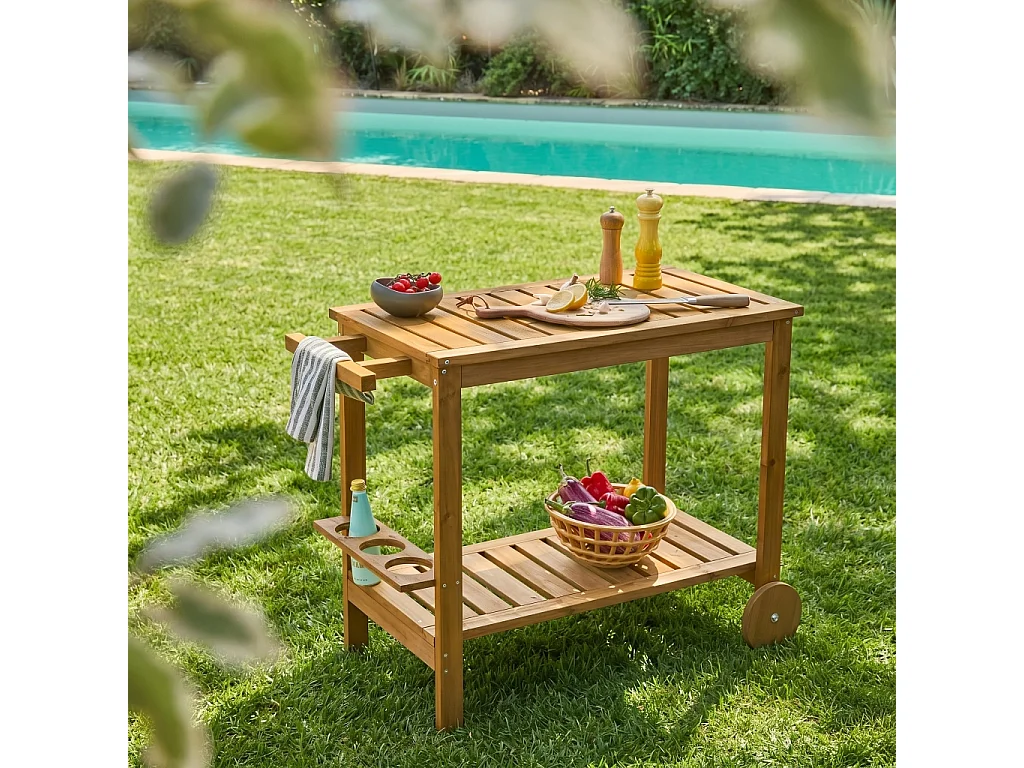 Desserte extérieure 95 cm en bois avec roues et poignée. Bois naturel. L 95 x l 47 x h 74cm