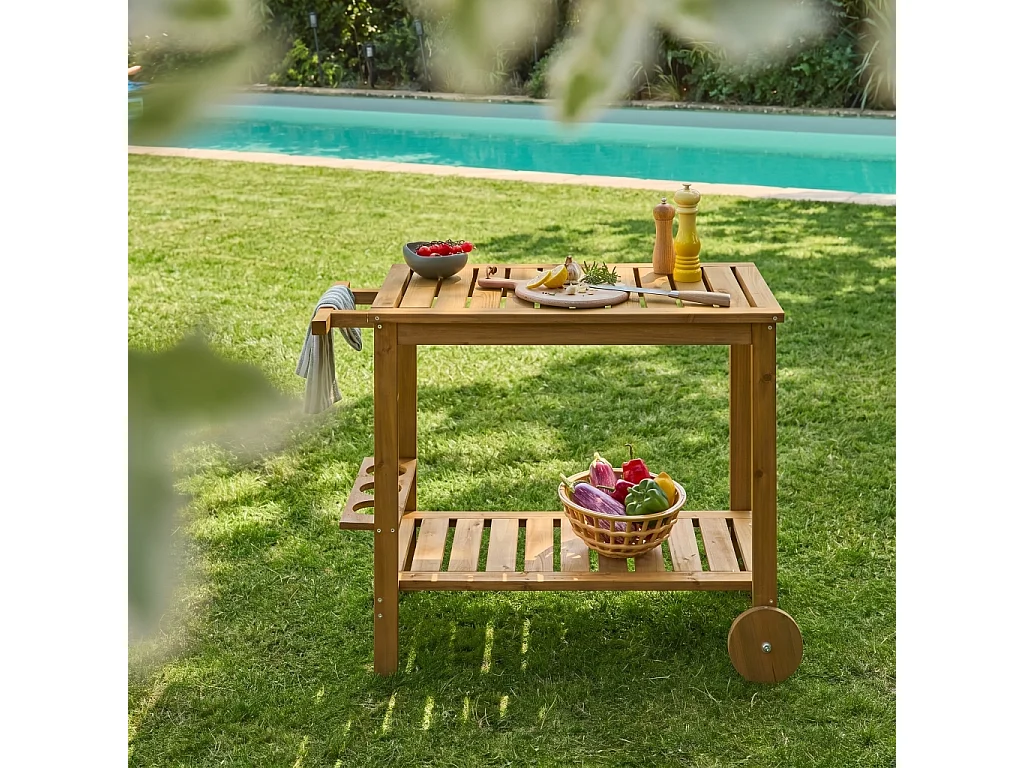Desserte extérieure 95 cm en bois avec roues et poignée. Bois naturel. L 95 x l 47 x h 74cm