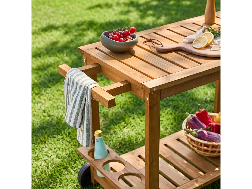Desserte extérieure 95 cm en bois avec roues et poignée. Bois naturel. L 95 x l 47 x h 74cm