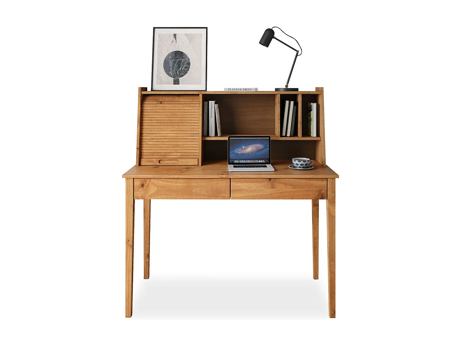 Bureau Secrétaire ALISA en Bois Massif avec 2 Tiroirs, 1 Volet, 4 Niches, 114 x 122 x 54 cm, Couleur Chêne