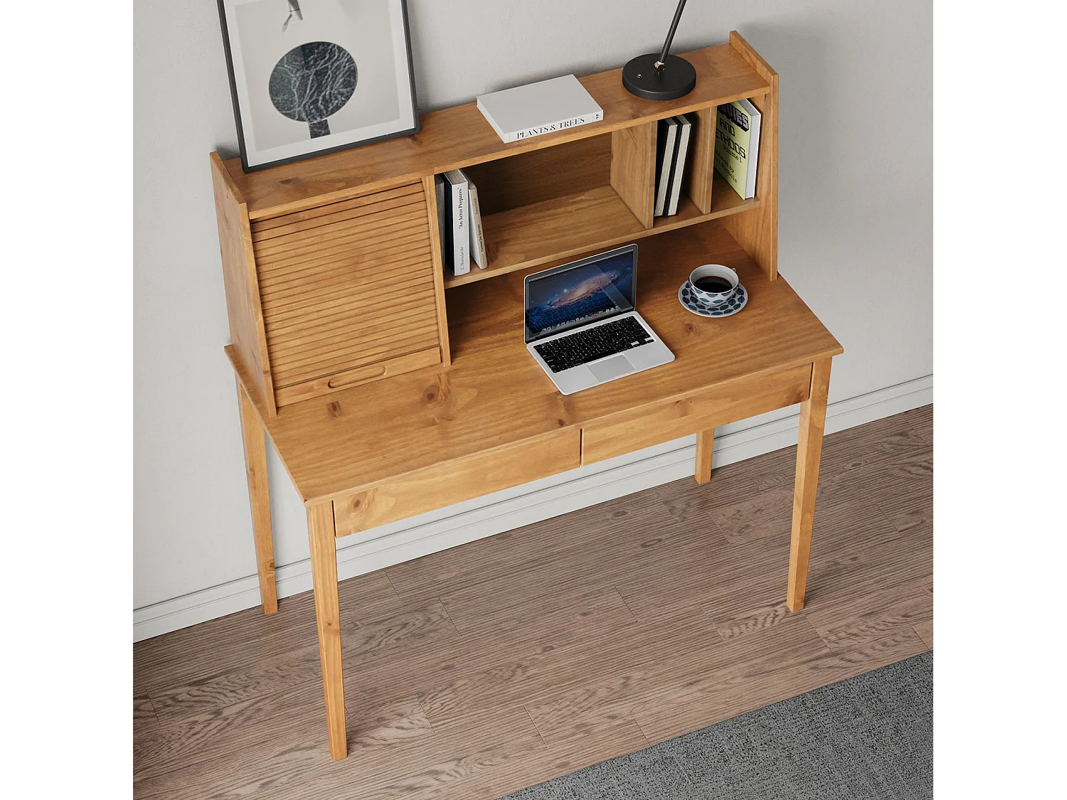 Bureau Secrétaire ALISA en Bois Massif avec 2 Tiroirs, 1 Volet, 4 Niches, 114 x 122 x 54 cm, Couleur Chêne