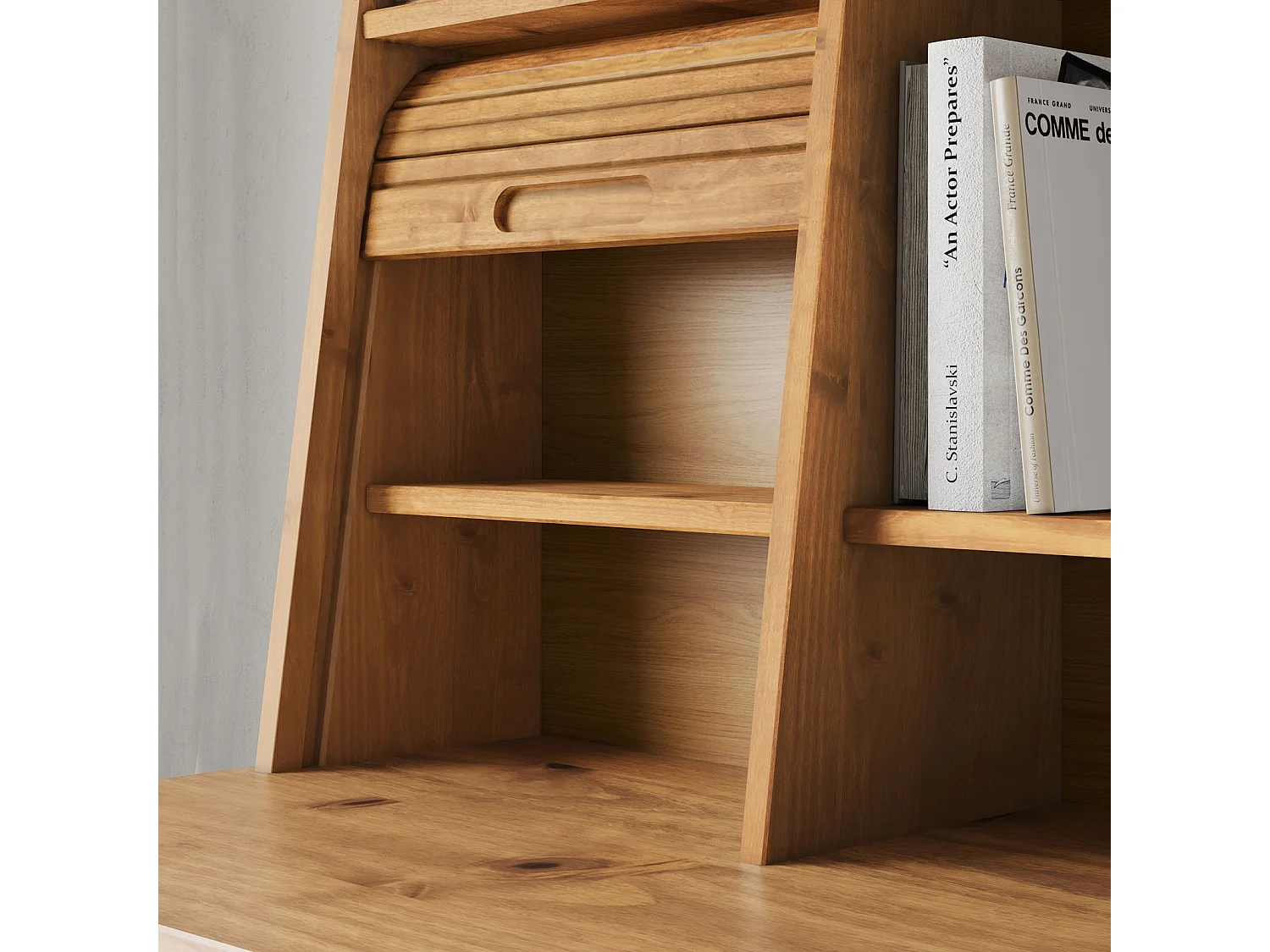 Bureau Secrétaire ALISA en Bois Massif avec 2 Tiroirs, 1 Volet, 4 Niches, 114 x 122 x 54 cm, Couleur Chêne