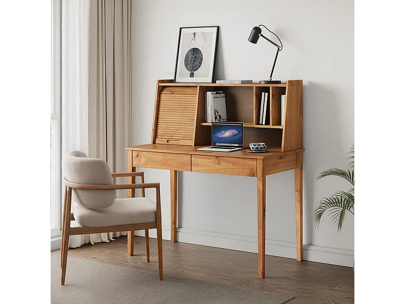 Bureau Secrétaire ALISA en Bois Massif avec 2 Tiroirs, 1 Volet, 4 Niches, 114 x 122 x 54 cm, Couleur Chêne