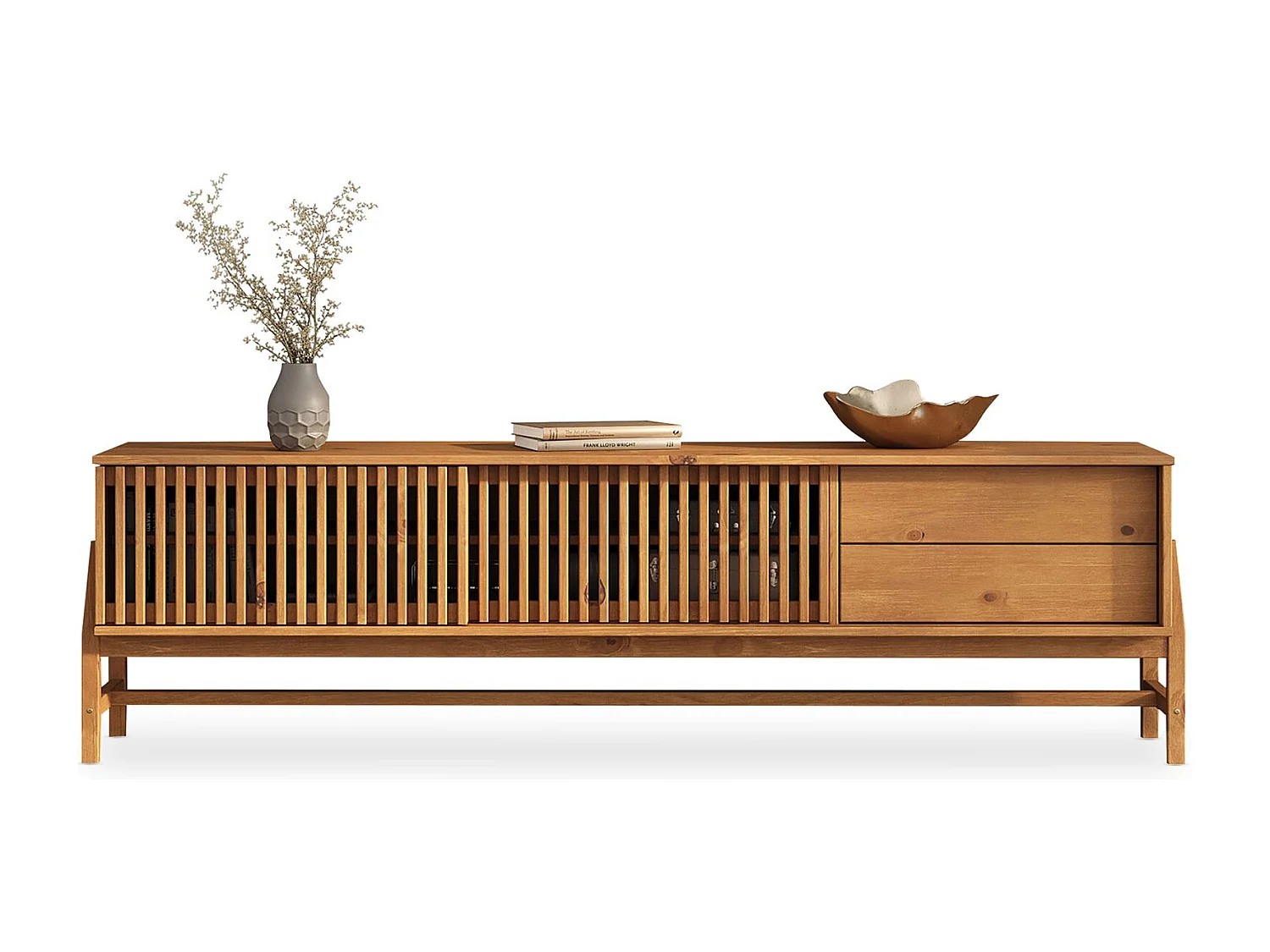 Meuble TV ADAMO L 180 cm en Bois Massif Couleur Chêne avec 2 Portes Coulissantes, 2 Tiroirs, Pour TV jusqu'à 203 cm (80")