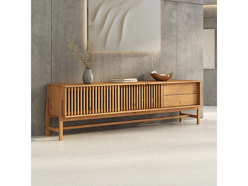 Meuble TV ADAMO L 180 cm en Bois Massif Couleur Chêne avec 2 Portes Coulissantes, 2 Tiroirs, Pour TV jusqu'à 203 cm (80")