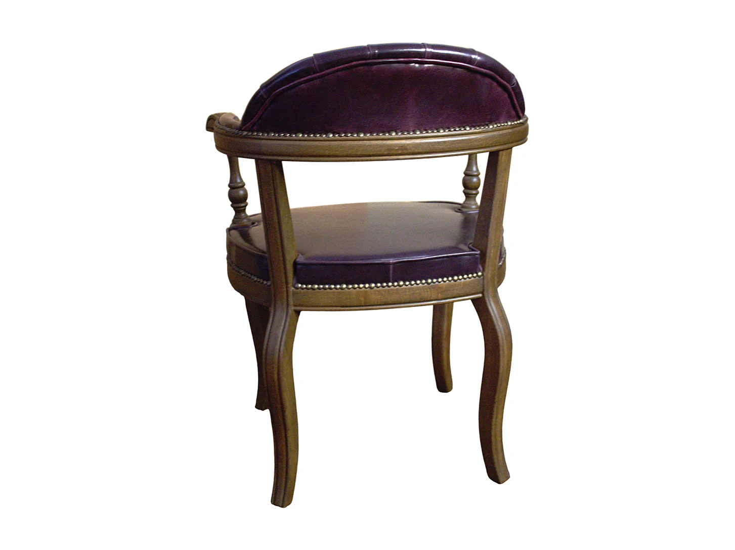 Sedia da interno artigianale in ecopelle borgogna con struttura in legno massello di faggio con schienale e braccioli larghi