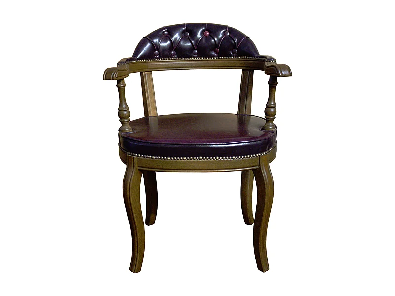 Sedia da interno artigianale in ecopelle borgogna con struttura in legno massello di faggio con schienale e braccioli larghi