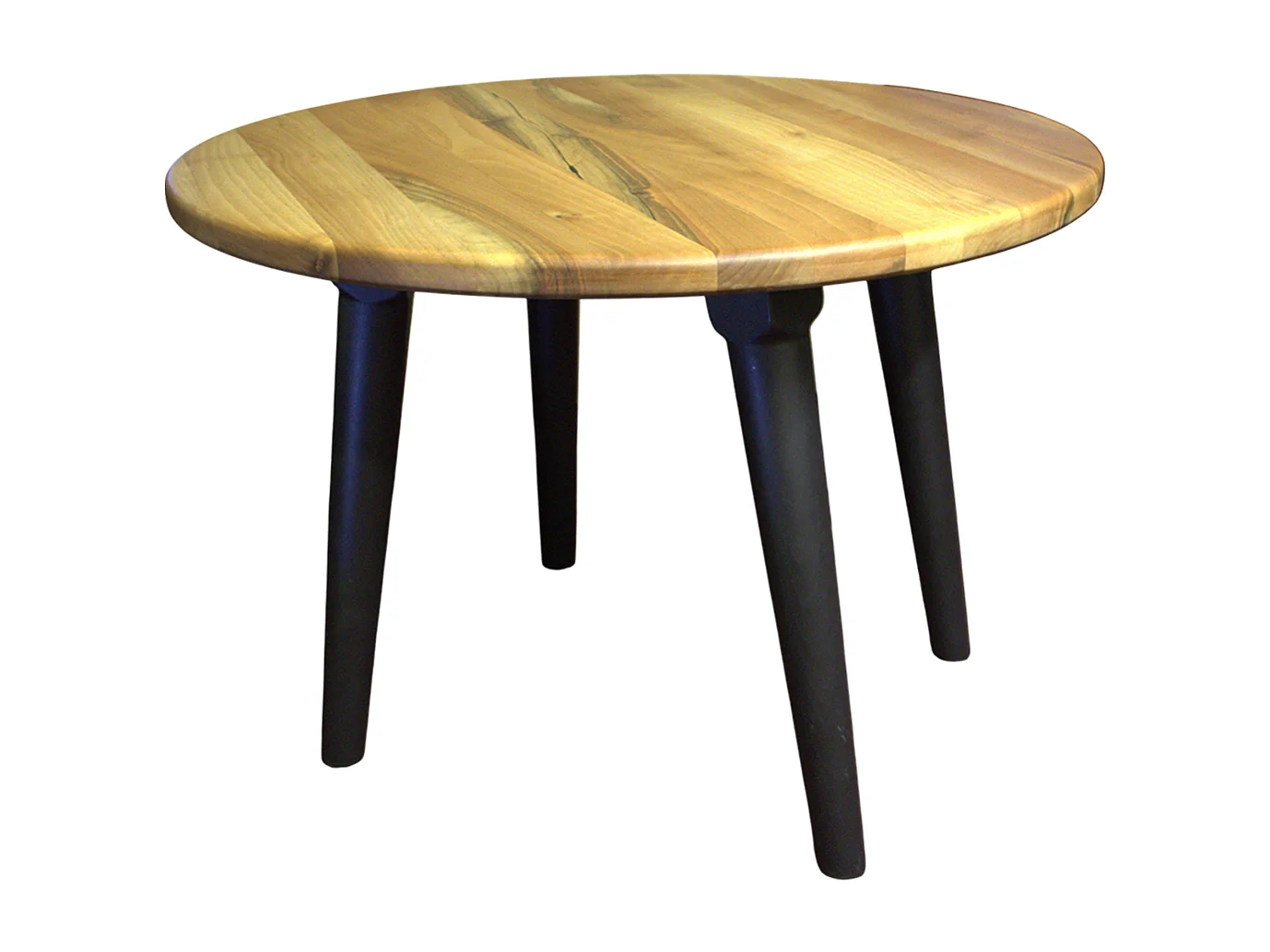 Tavolo club artigianale in legno massello di  noce, forma rotonda con bordi dritti e gambe in noce