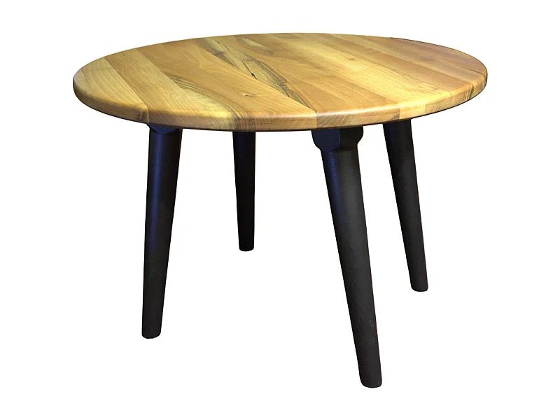 Tavolo club artigianale in legno massello di  noce, forma rotonda con bordi dritti e gambe in noce