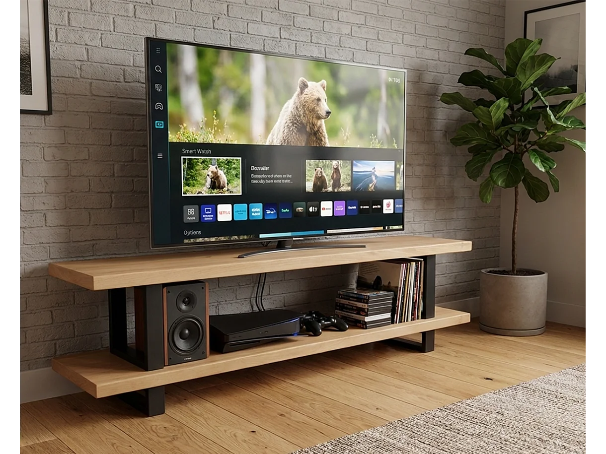 Mobile tv doppio ripiano artigianale, legno massello faggio, base ferro