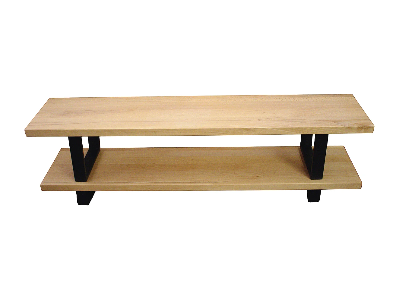 Mobile tv doppio ripiano artigianale, legno massello faggio, base ferro