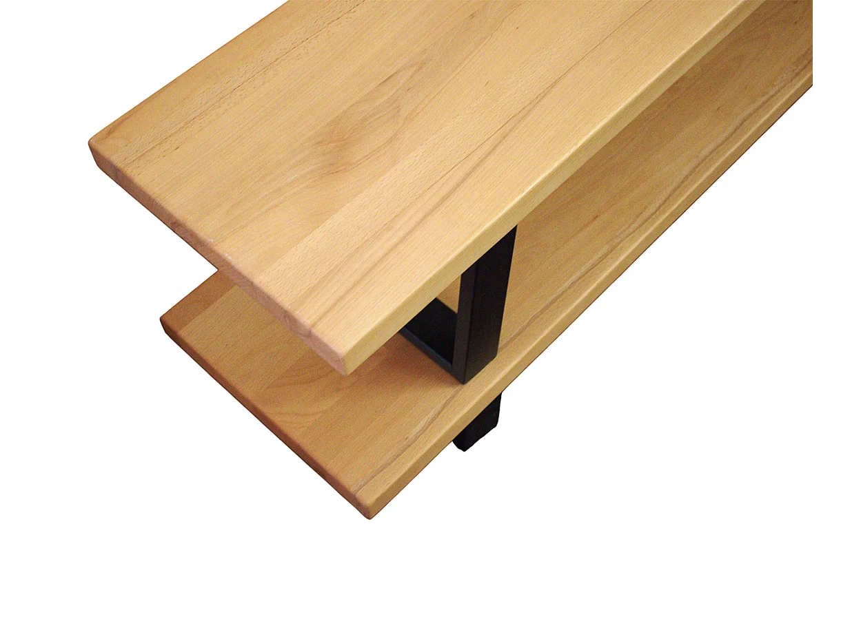 Mobile tv doppio ripiano artigianale, legno massello faggio, base ferro