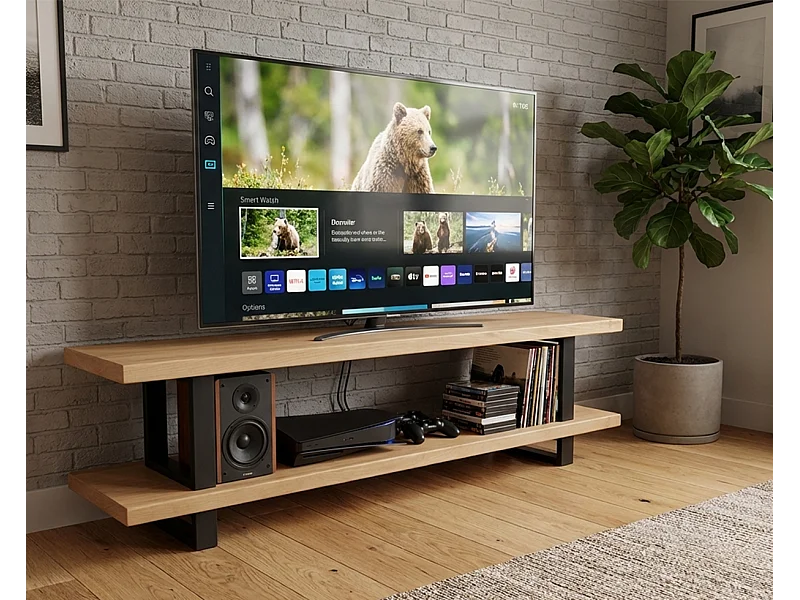 Mobile tv doppio ripiano artigianale, legno massello faggio, base ferro