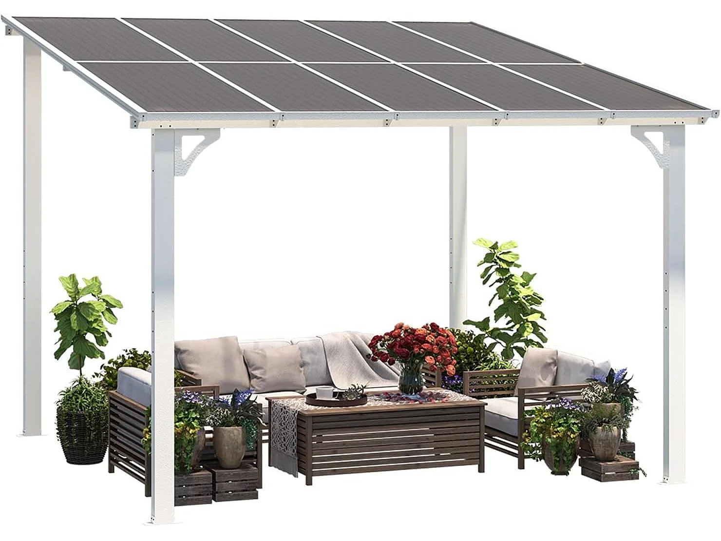YODOLLA 3x3m Wandgestellter Gartenpavillon – Markdown! Metall Pavillon für Terrasse, Veranda, Hinterhof, Weiß, PVC-Dach
