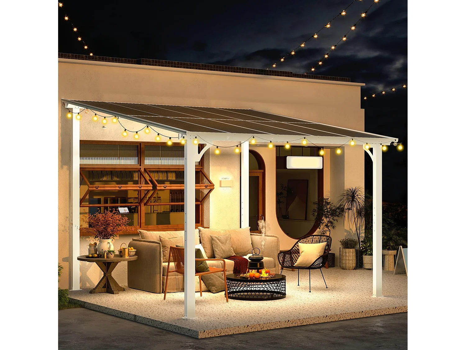 YODOLLA 3x3m Wandgestellter Gartenpavillon – Markdown! Metall Pavillon für Terrasse, Veranda, Hinterhof, Weiß, PVC-Dach