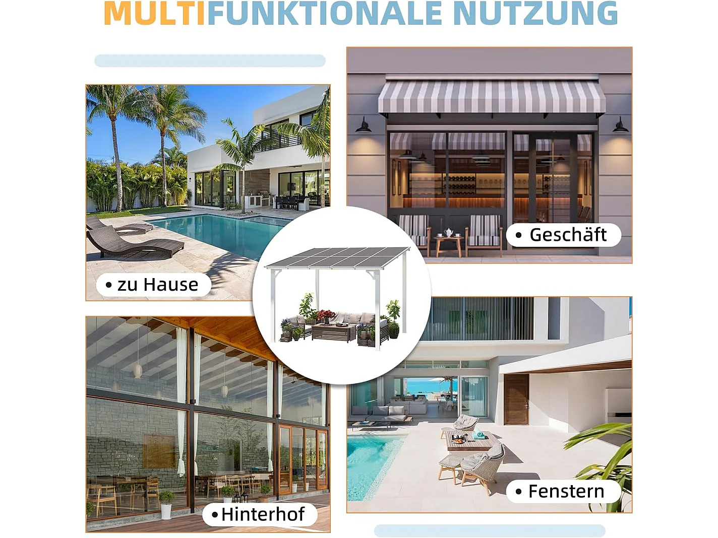 YODOLLA 3x3m Wandgestellter Gartenpavillon – Markdown! Metall Pavillon für Terrasse, Veranda, Hinterhof, Weiß, PVC-Dach