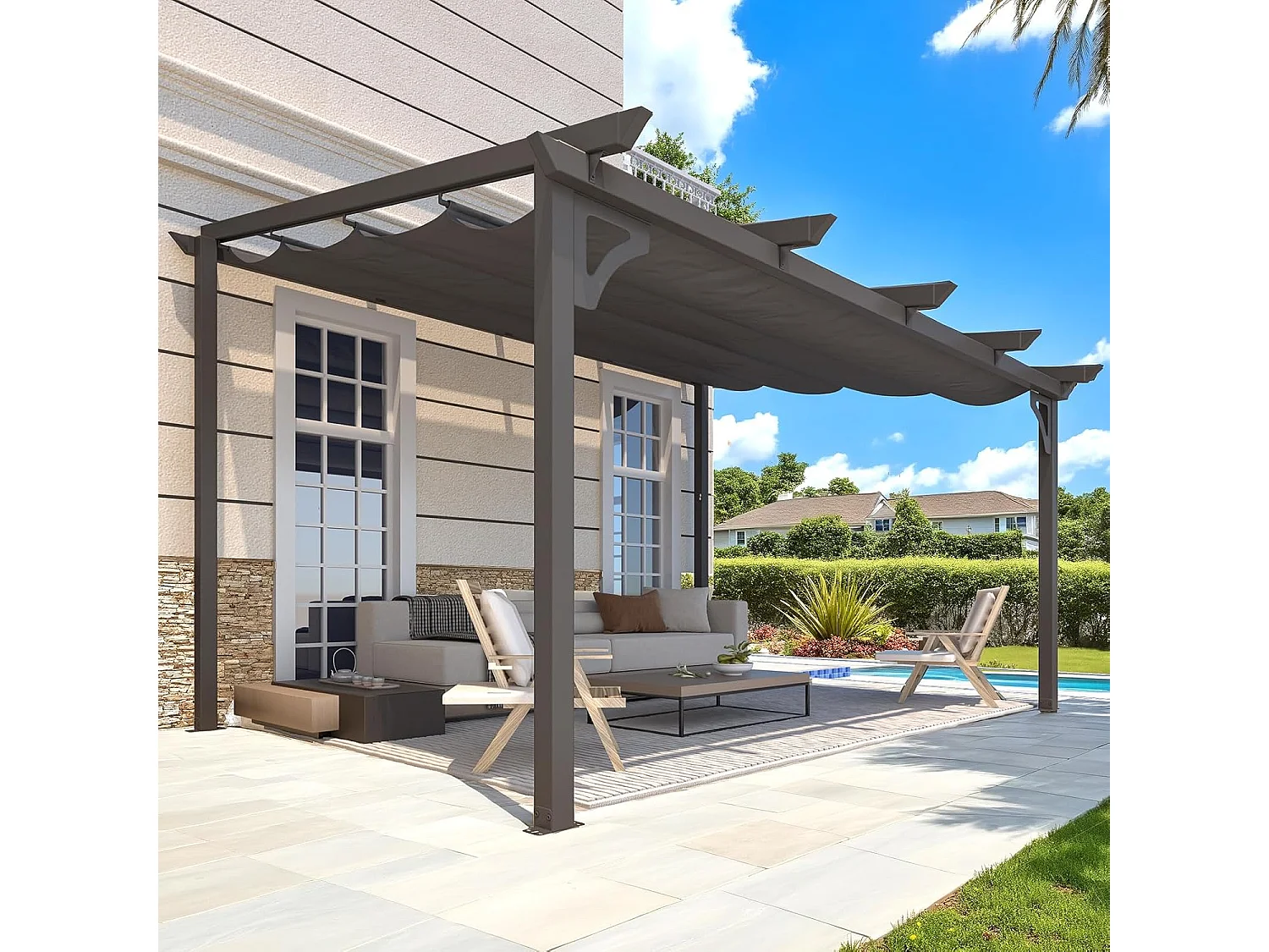 YODOLLA 4x3m Gartenpavillon, Aufrollbarer Pergola mit Verstellbarer Sonnenschutzplane, Wandmontierter Leaning-to Metallpavillon für Terrasse, Schwarz