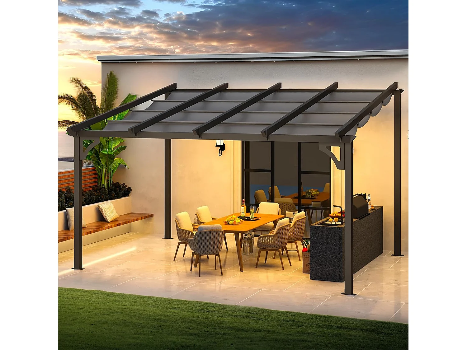 YODOLLA 4x3m Gartenpavillon, Aufrollbarer Pergola mit Verstellbarer Sonnenschutzplane, Wandmontierter Leaning-to Metallpavillon für Terrasse, Schwarz