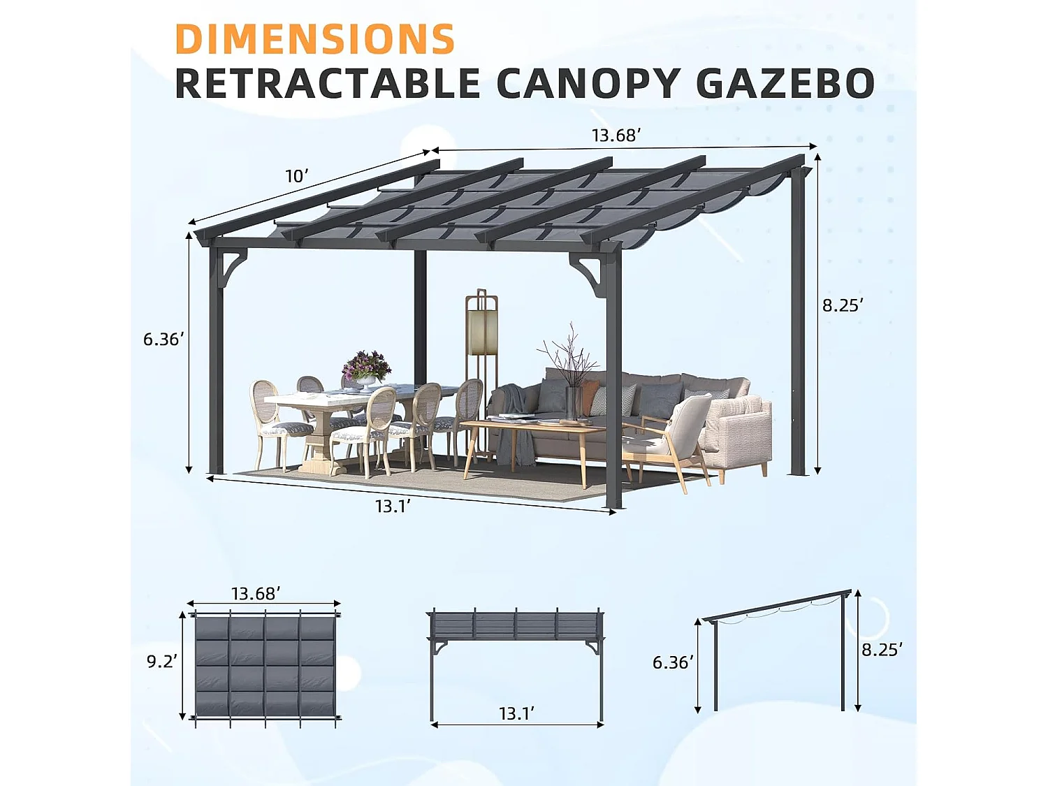 YODOLLA 4x3m Gartenpavillon, Aufrollbarer Pergola mit Verstellbarer Sonnenschutzplane, Wandmontierter Leaning-to Metallpavillon für Terrasse, Schwarz