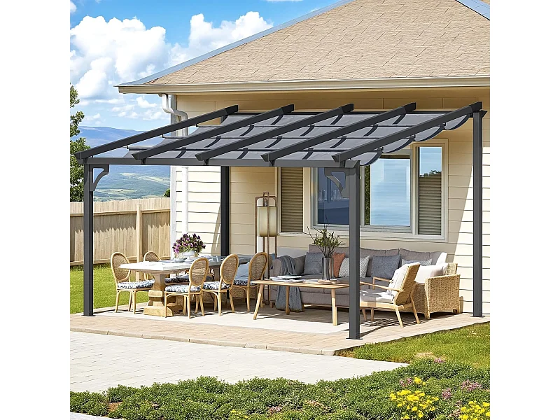 YODOLLA 4x3m Gartenpavillon, Aufrollbarer Pergola mit Verstellbarer Sonnenschutzplane, Wandmontierter Leaning-to Metallpavillon für Terrasse, Schwarz