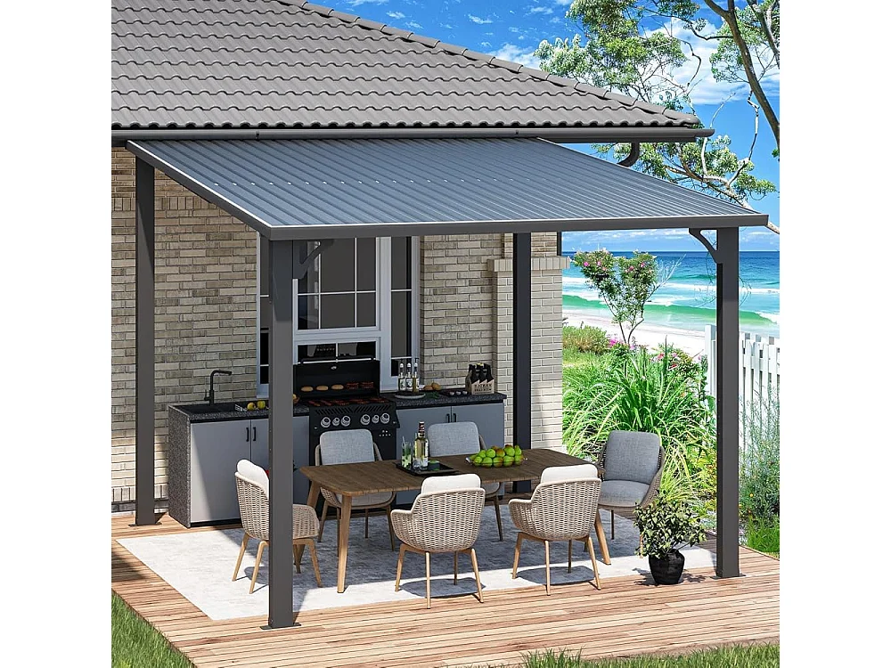 YODOLLA 3x3m Wandmontierte Metall-Pergola, Verzinkter Stahl & Metallmarkise als Terrassendach, Schwarz