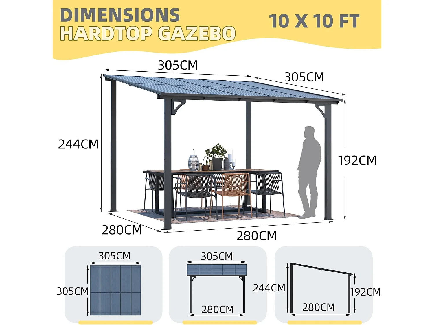 YODOLLA 3x3m Wandmontierte Metall-Pergola, Verzinkter Stahl & Metallmarkise als Terrassendach, Schwarz
