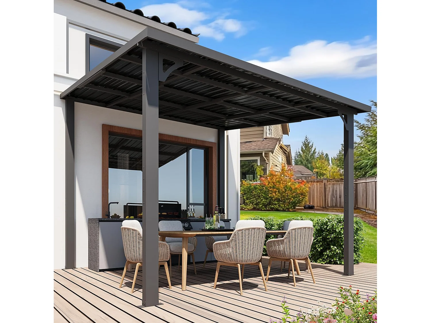 YODOLLA 3x3m Wandmontierte Metall-Pergola, Verzinkter Stahl & Metallmarkise als Terrassendach, Schwarz