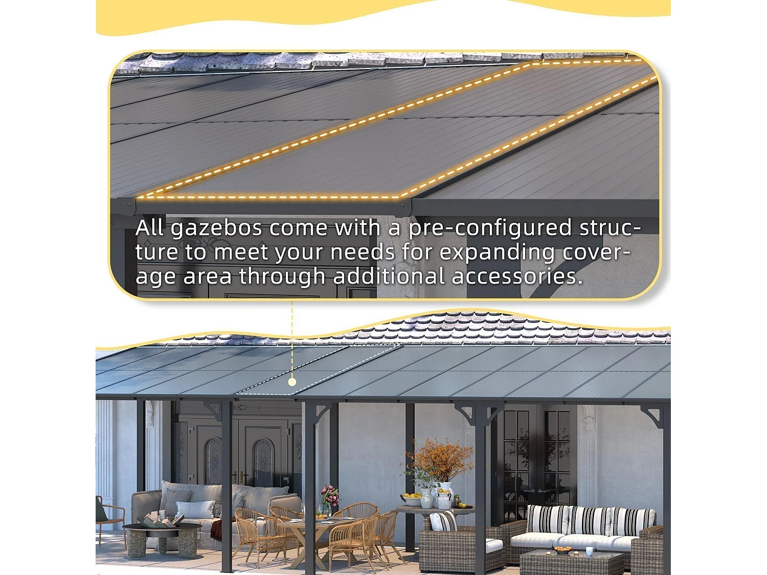 YODOLLA 3x3m Wandmontierte Metall-Pergola, Verzinkter Stahl & Metallmarkise als Terrassendach, Schwarz