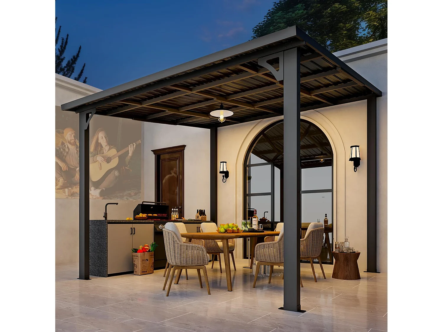 YODOLLA 3x3m Wandmontierte Metall-Pergola, Verzinkter Stahl & Metallmarkise als Terrassendach, Schwarz