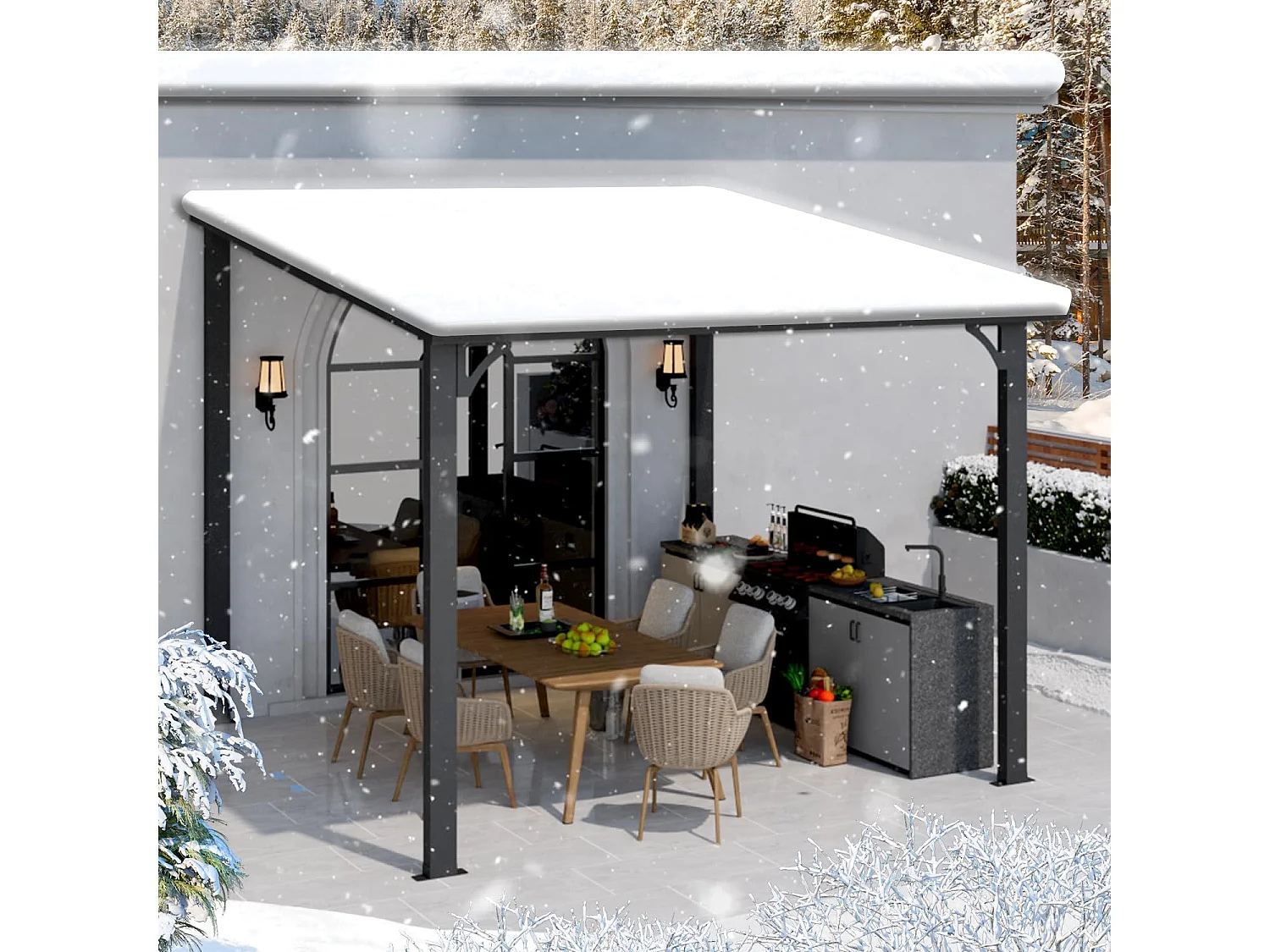 YODOLLA 3x3m Wandmontierte Metall-Pergola, Verzinkter Stahl & Metallmarkise als Terrassendach, Schwarz