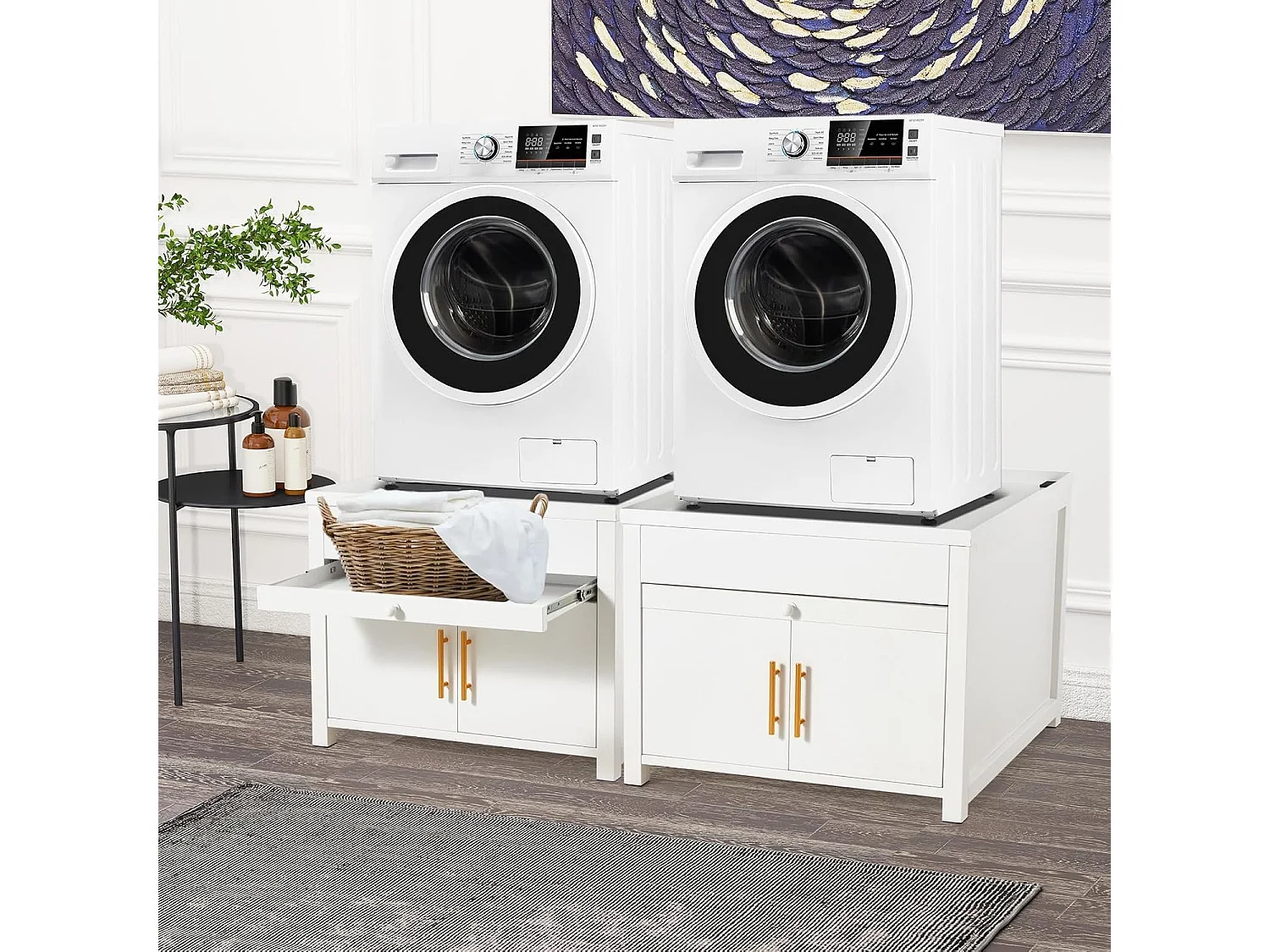 YODOLLA Waschmaschinen Untergestell mit Schubladen, Hochbelastbarer Unterschrank mit Ausziehregal & Stauraum, Weiß