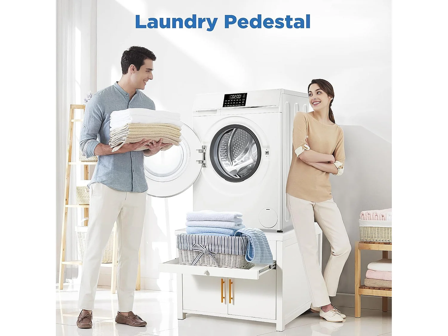 YODOLLA Waschmaschinen Untergestell mit Schubladen, Hochbelastbarer Unterschrank mit Ausziehregal & Stauraum, Weiß